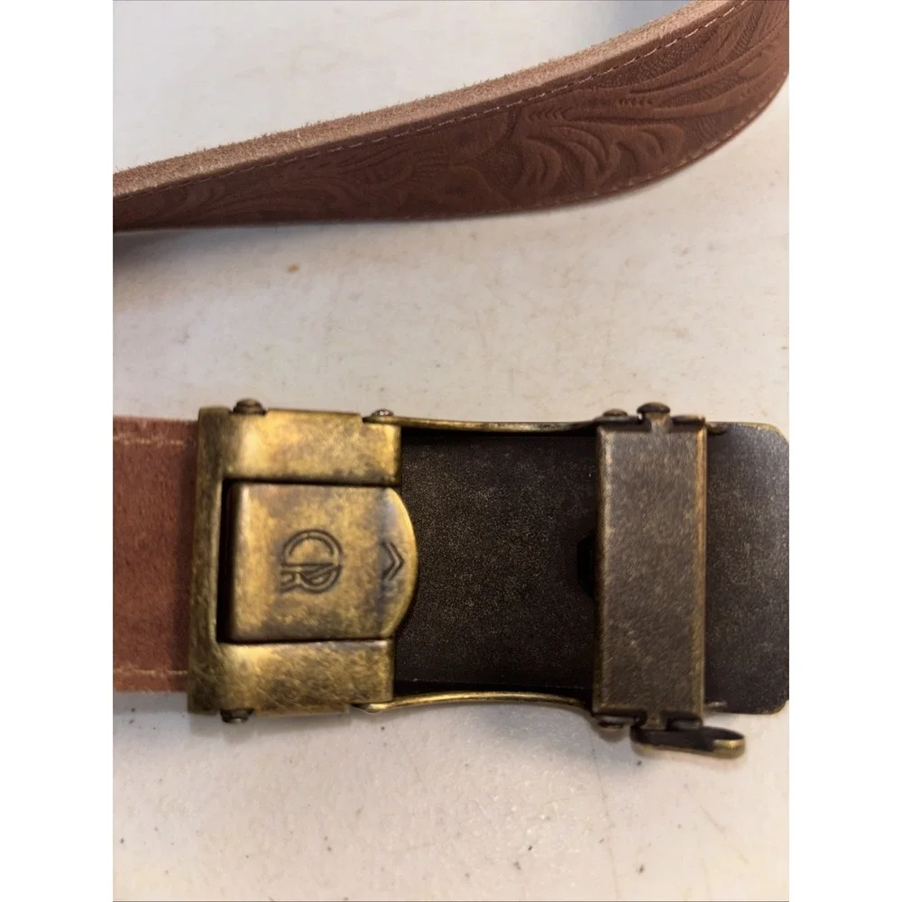 Chaoren Ratchet Cowboy Western Belt Brass Buckle Sz‎ 38 Flower Design Brown